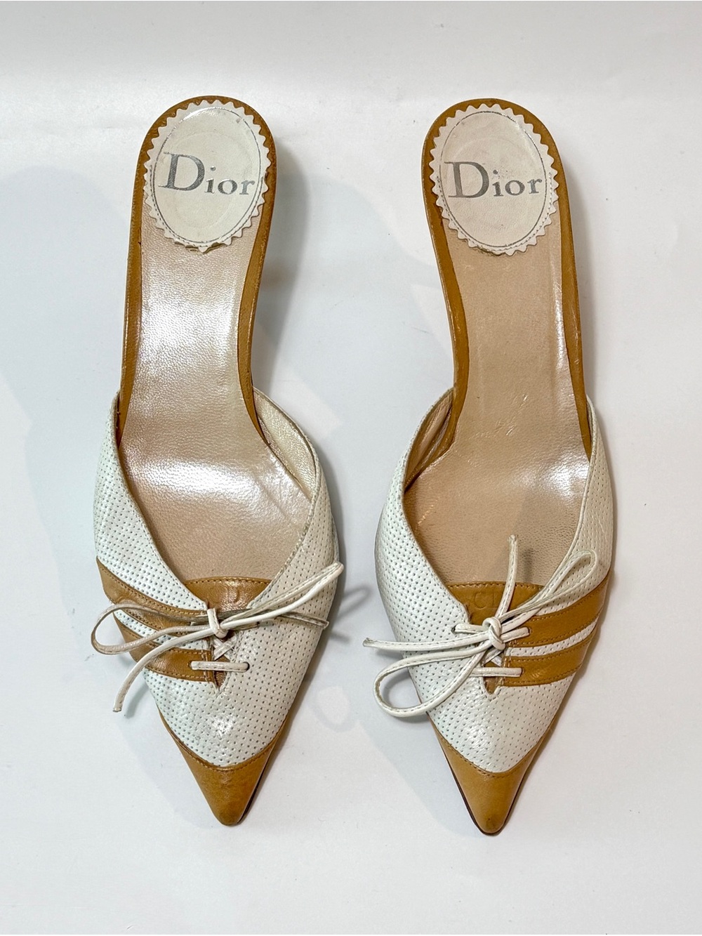 Dior White and Tan Pointed-Toe Slip-On Mules size US 6.5